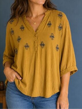 ANLIER Mustard Beaded Embellished Tunic Blouse Top XL Boho 3/4 Sleeve